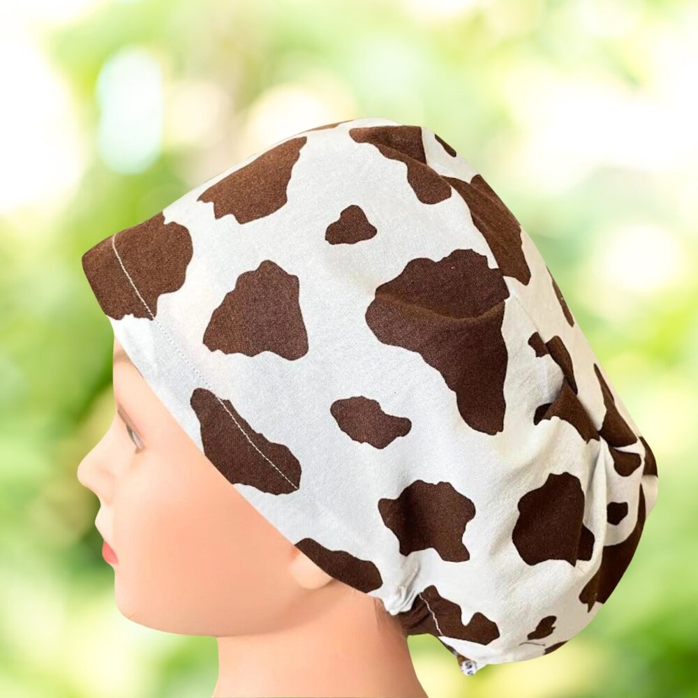 EURO Style Scrub Cow Print~Brown~ Unisex Nurse Cap, Scrub Hat, Scrub Cap|, CRNA